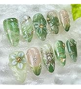 30pcs Green Press on Nails Medium Almond Fake Nails With 3D Flower Pearl Rhinestone Design Gold B...