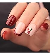Mivota Cherry Press On Nails Short Square Shape – Glossy French Tip Fake Nails with 3D Cherry Des...