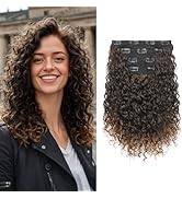 FLUFYMOOZ 4PC Clip in Hair Extensions, 14 Inch 100％ Pure Protein Silk Short Hairpiece Deep Curly ...