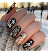 Black Press on Nails Medium Square Fake Nails with Designs Snowflake Stick on Nail Christmas Acry...