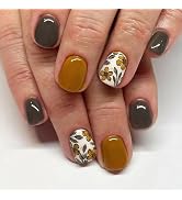 Fall Press on Nails Short Square Fake Nails with Flower Leaves Designs Yellow Nails Press ons Gre...