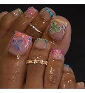 MISUD Press on Nails - Toe Glue on Nails with Colorful French Tip, Acrylic Toenails Summer Flower...