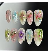 30Pcs 3D Flower Press on Nails Medium Almond Fake Nails with Pearl Rhinestones Designs Fill Cover...