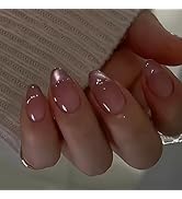 Pink Sparkly French Press on Nails Short Almond Fake Nails Glitter Gradient Holographic False Nai...