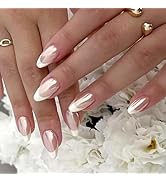French Tip Press on Nails Medium Almond Fake Nails Aurora Chrome False Nails with Pearl Effect Gl...