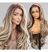 KOME Ash Brown Highlight Synthetic Lace Front Wig,13×6 Body Wave Pre Plucked HD Lace Glueless Wig...