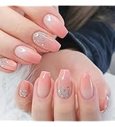 Ombre Press on Nails Medium Coffin Fake Nails Cute Glitter Sequins Fake Nails Pink Gradient Gloss...