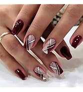 Red Press on Nails Medium Fake Nails Square Glue on Nails Wine Red False Nails with Design Silver...