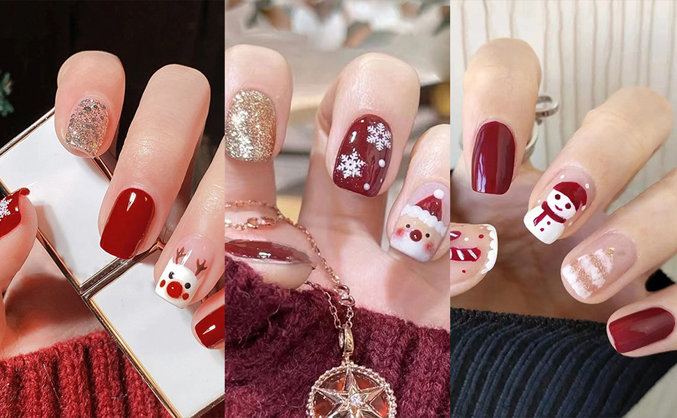 Christmas Press on Nails Medium Short Square, Elk Fake Nails with Design Red Glitter Acrylic 