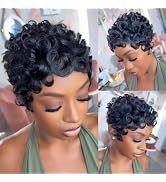 FREEKWEEN Short Curly Wig Human Hair for black women Short Layered Pixie Wigs Brazilian Virgin Cu...