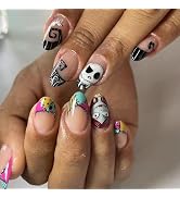 Halloween Press on Nails Medium Stiletto French Tip Fake Nails Full Cover Nightmare Before Christ...