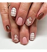 Press On Nails Short Square, Pink Fake Nails with Multicolored Nails and Blend of Vintage，Glossy ...