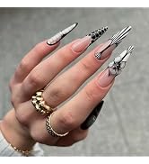MISUD Press on Nails - Long Stiletto Glue on Nails with Black Crocodile, Acrylic Handmade 3D Flow...