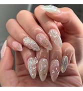 Medium Press on Nails Almond Fake Nails Aurora False Nails with 3D Butterfly Wave Design Glue on ...