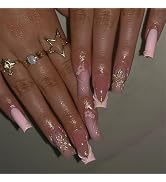 MISUD Press on Nails - Long Square Fake Nails with Pink French Tip, Acrylic Gold Flower Design 24...