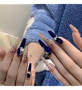 MERVF Coffin Press on Nails Long Fake Nails Royal Blue Glue ons Nail Rhinestones Luxury Design Ac...