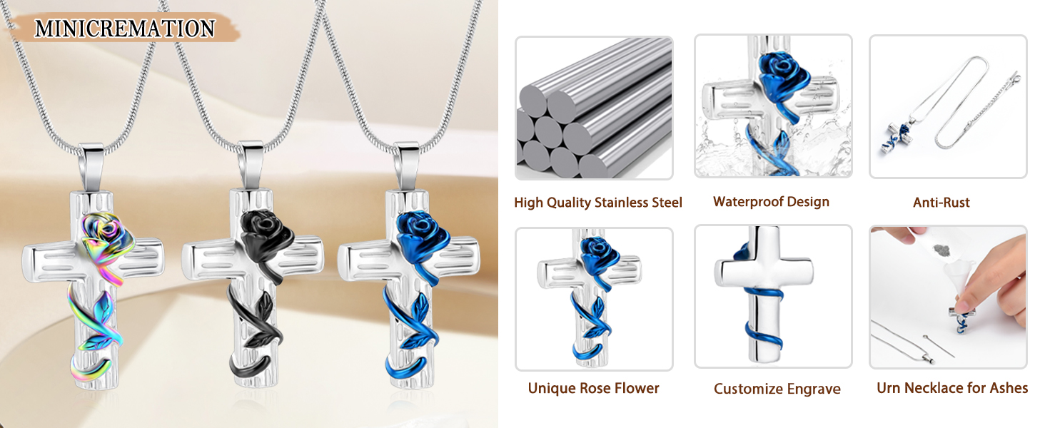 Rose Flower Cross Cremation Urn Necklace for Ash Memorial Keepsake Cremation Perfect Keepsake Gift