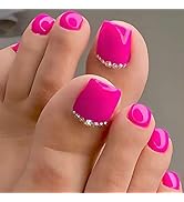 Artquee 28pcs Hot Pink Short Press on Toenails Glossy Square Fake Toe Nails Art Rhinestones Desig...