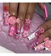 24Pcs Pink Press on Nails Square Long Fake Nails 3D Candy, Star, Rhinestone Nail Art Design Frenc...