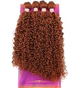 Highlight Brown Afro Kinky Curly Synthetic Hair Weave 4 Bundles 16 18 18 20 Inches Jerry Curl Syn...