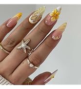 MISUD Press on Nails - Medium Almond Glue on Nails with Summer Lemon, Acrylic Handmade 3D Yellow ...