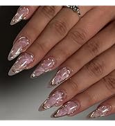 MISUD Press on Nails - Medium Almond Glue on Nails with 3D Gold Chrome, Acrylic Ombre Design 24 pcs