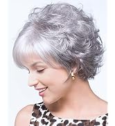 SEVENCOLORS Short Gray Wigs for White Women Natural Curly Silver Pixie Cut Wigs with Bangs Synthe...