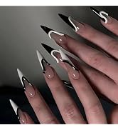 MISUD Press on Nails - Long Stiletto Fake Nails with Black White French Tip, Acrylic Handmade 3D ...