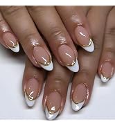 Medium Press on Nails Almond Fake Nails with 3D Embossed Designs White French Tip Nails Press ons...
