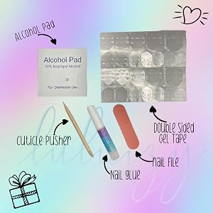 nail glue double sided tape nail file alcohol pad cuticle pusher