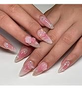 Pink Press on Nails Medium Almond Fake Nails Ombre Full Cover False Nails with Designs Bow Flower...