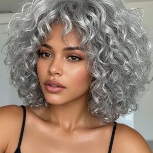 Deep Wave Wigs for Women Synthetic Decorations Party Cover Silver Gray Wig Headgear Women's Protective Hair wig Short Curly Wigs for Women(a6-Black,11.8inch