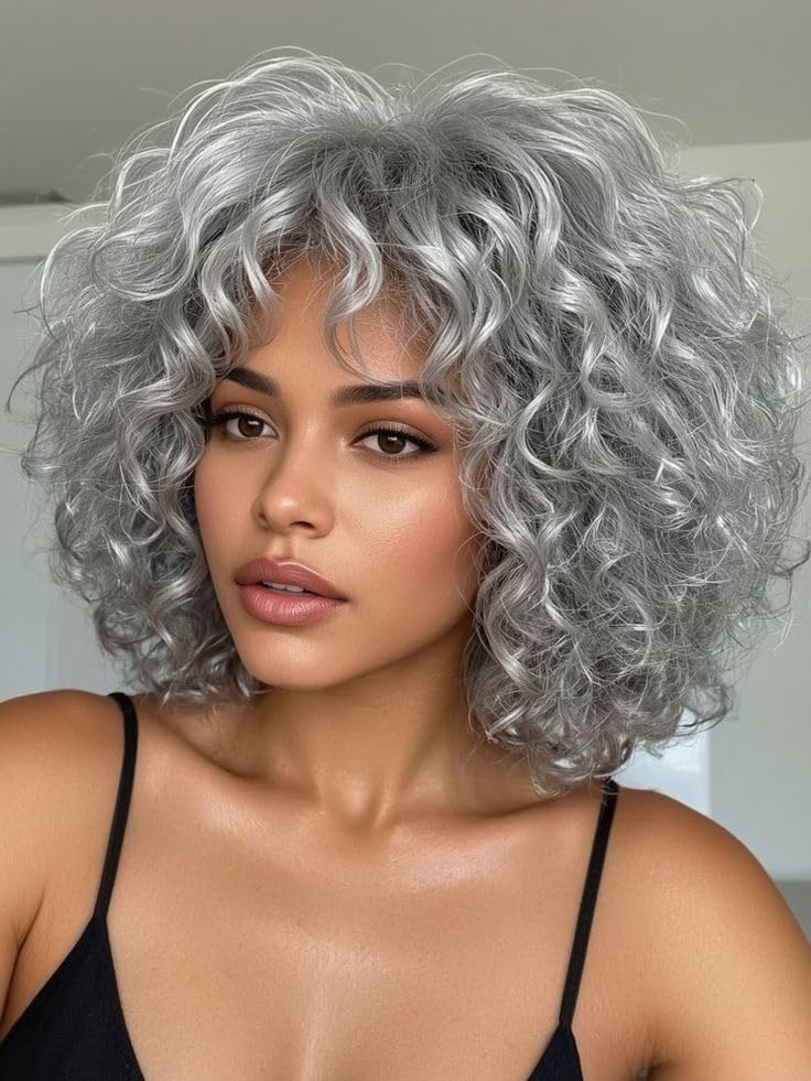 Deep Wave Wigs for Women Synthetic Decorations Party Cover Silver Gray Wig Headgear Women's Protective Hair wig Short Curly Wigs for Women(a6-Black,11.8inch