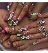 48Pcs Flower Press on Nails Rhinestone French Tips Press on Toenails Long Square Fake Nails with ...
