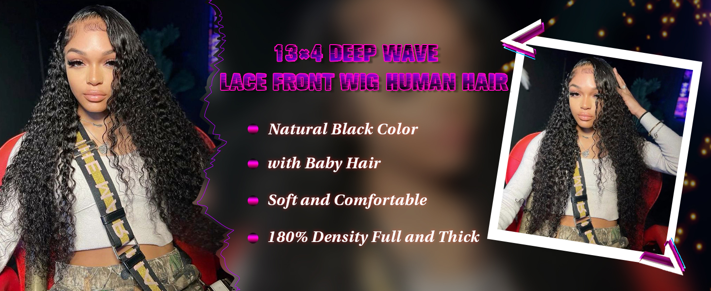 13×4 Deep Wave Lace Front Wig Human Hair Pre Plucked 180% Density HD Curly Lace Frontal Wig