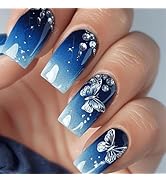 Ombre Blue Press on Nails Medium Square Fake Nails with Butterfly Designs False Nails Rhinestones...