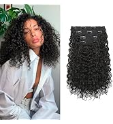 FLUFYMOOZ 4PC Clip in Hair Extensions, 14 Inch 100％ Pure Protein Silk Short Hairpiece Deep Curly ...
