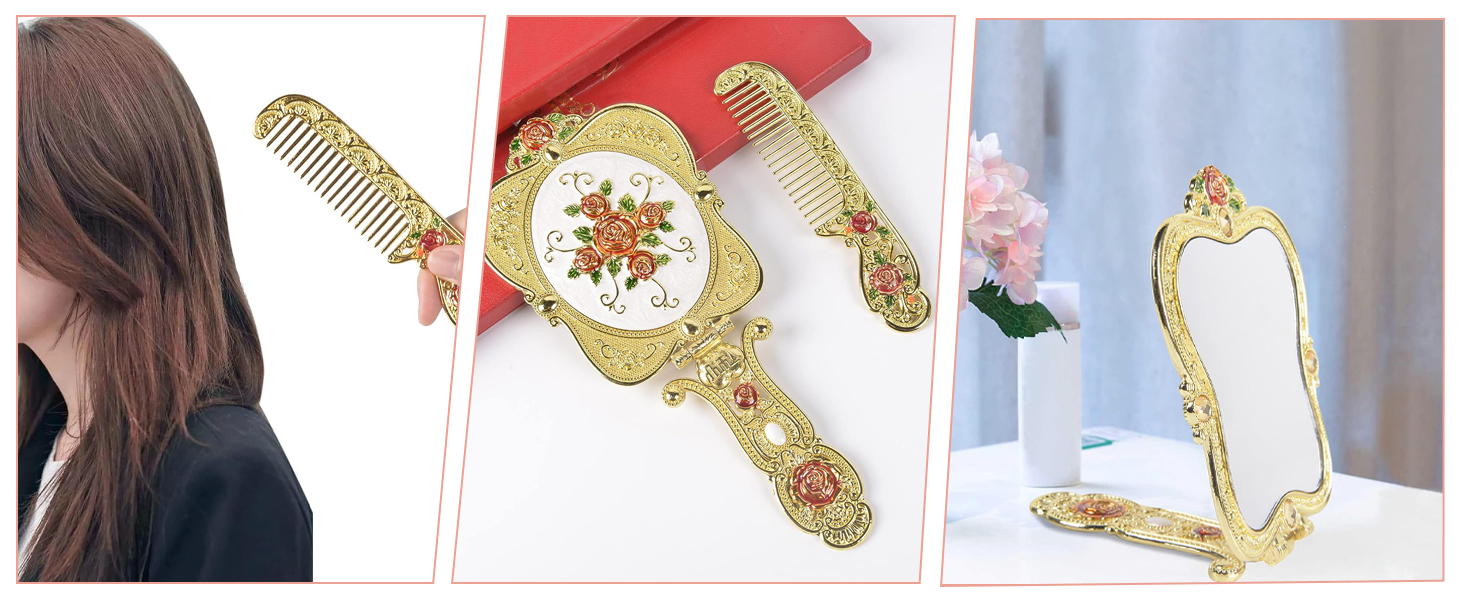 Antique Mirror Comb Set girl decor purse gift rose women brush tabletop copper stand cosmetic