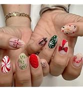 IMSOHOT Press on Nails Short Oval Fake Nails Matte Red Green Round False Nails with Bow, Snowflak...