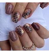 MISUD Press on Nails - Short Square Glue on Nails with Fall Brown, Acrylic Autumn Leaf Design 24 pcs