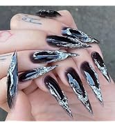MISUD Press on Nails - Long Stiletto Glue on Nails with Goth Black, Acrylic 3D Silver Chrome Desi...
