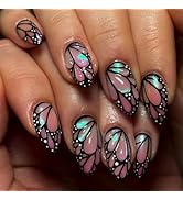 3D Butterfly Wing Press On Nails Almond - 24PCS Pink Iridescent Medium Fake Nails with Design, Gl...