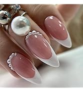 Press on Nails Almond Medium White French Tip Fake Nails with Pearl Designs Nude Acrylic Nails Pr...