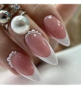 Press on Nails Almond Medium White French Tip Fake Nails with Pearl Designs Nude Acrylic Nails Pr...
