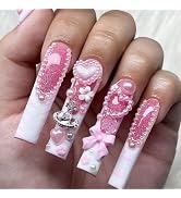 Extra Long Press on Nails Square Fake Nails White French Tip Nails Press ons Pink False Nails wit...