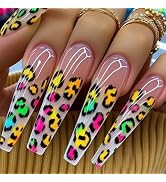 MERVF Coffin Press on Nails Long Fake Nails Colorful Leopard French Tip Glue ons Ombre Design Bal...