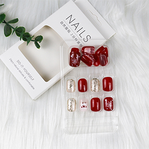 Press on Nails Medium Short Square, Christmas Deer Fake Nails with Design Red Glitter