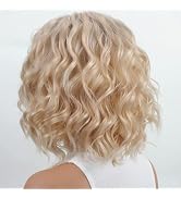 RENERSHOW Short Platinum Blonde Wave Curly Wigs for White Women Layered Ombre Light Blonde Wavy B...