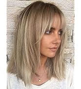 RENERSHOW Short Ombre Blonde Wig with Bangs Layered Straight Bob Synthetic Wigs for Women Mixed B...