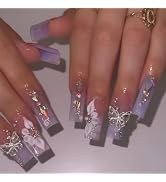 BABALAL Purple Press on Nails Long Square Fake Nails Butterfly Design Glue on Nails 3D Flower Cha...